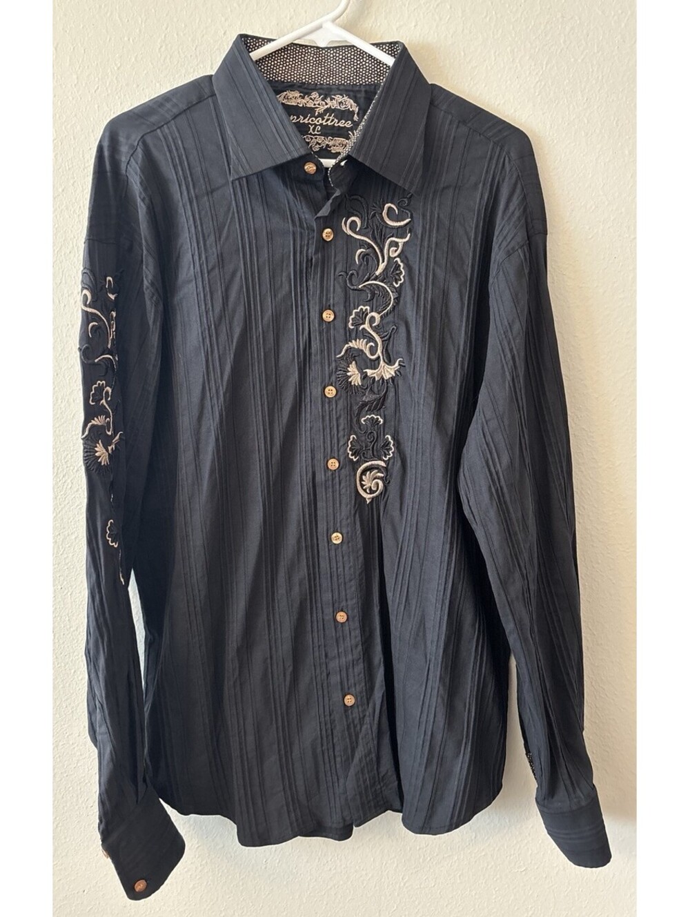 Apricottree Men’s Striped Embroidered Button-Up Shirt Woven Long Sleeve XL Black